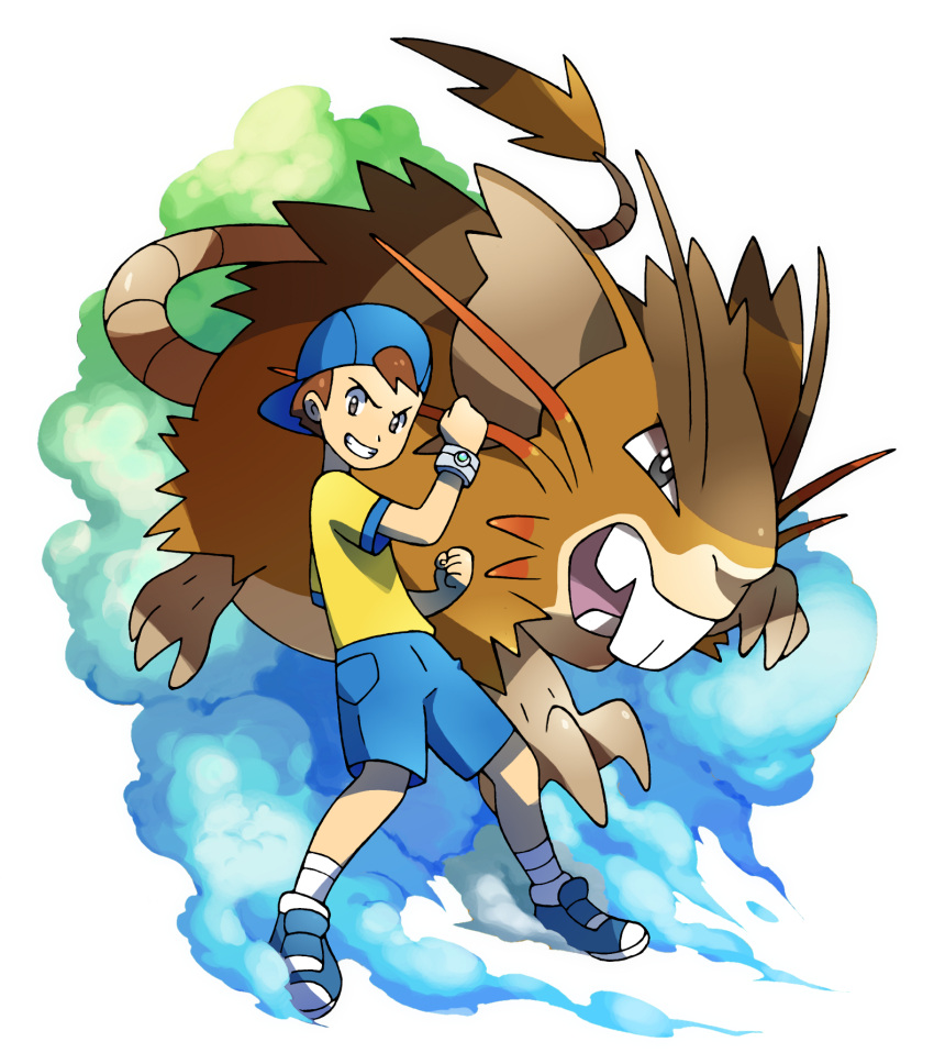 1boy, backwards_hat, baseball_cap, bracelet, brown_hair, clenched_hands, commentary, gorou_(pokemon), grin, hat, highres, jewelry, looking_at_viewer, mega_pokemon, official_style, open_mouth, parted_lips, pokemon, pokemon_(creature), raticate, shorts, smile, smoke, sugimori_ken_(style), tail, tomycase, white_background