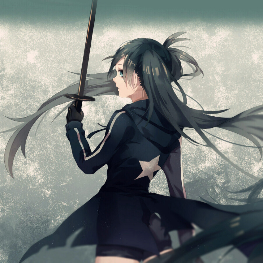 1girl, black_hair, black_rock_shooter, black_rock_shooter_(character), blue_eyes, dama_(sindygao), gloves, highres