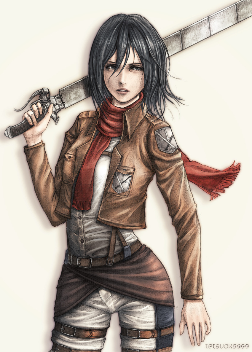 artist_name, belt, black_eyes, black_hair, faux_traditional_media, highres, jacket, mikasa_ackerman