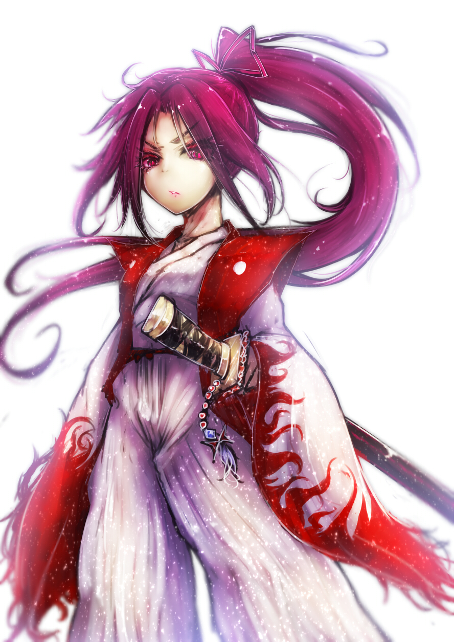 1girl, bow, highres, japanese_clothes, katana, long_hair, meira, ponytail, purple_hair, ribbon, samurai, simple_background, solo, sword, touhou, touhou_(pc-98), vest, violet_eyes, weapon, white_background, yuxyon