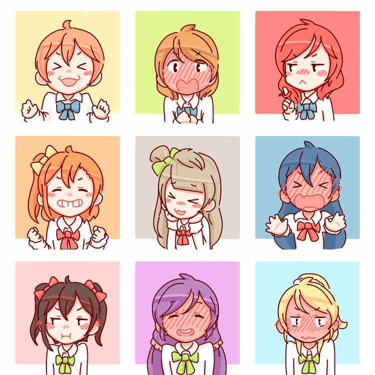 6+girls, \m/, animated, animated_gif, ayase_eli, blush, bust, full-face_blush, gif_artifacts, hoshizora_rin, koizumi_hanayo, kousaka_honoka, love_live!_school_idol_project, minami_kotori, multiple_girls, nishikino_maki, school_uniform, sonoda_umi, stitched, tagme, tears, toujou_nozomi, veebu, yazawa_nico