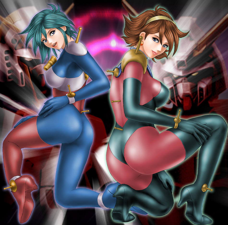 blue_eyes, blue_hair, brown_hair, elbow_gloves, g_gundam, gloves, gundam, latex