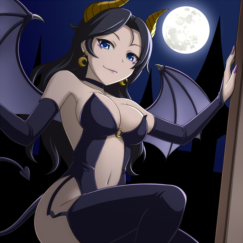 1girl, bat_wings, black_hair, blue_eyes, bridal_gauntlets, cosplay, demon_girl, demon_tail, horns, idolmaster, idolmaster_cinderella_girls, leotard, long_hair, moon, navel_cutout, pataniito, succubus, sugisaka_umi, tail, thigh-highs, wings
