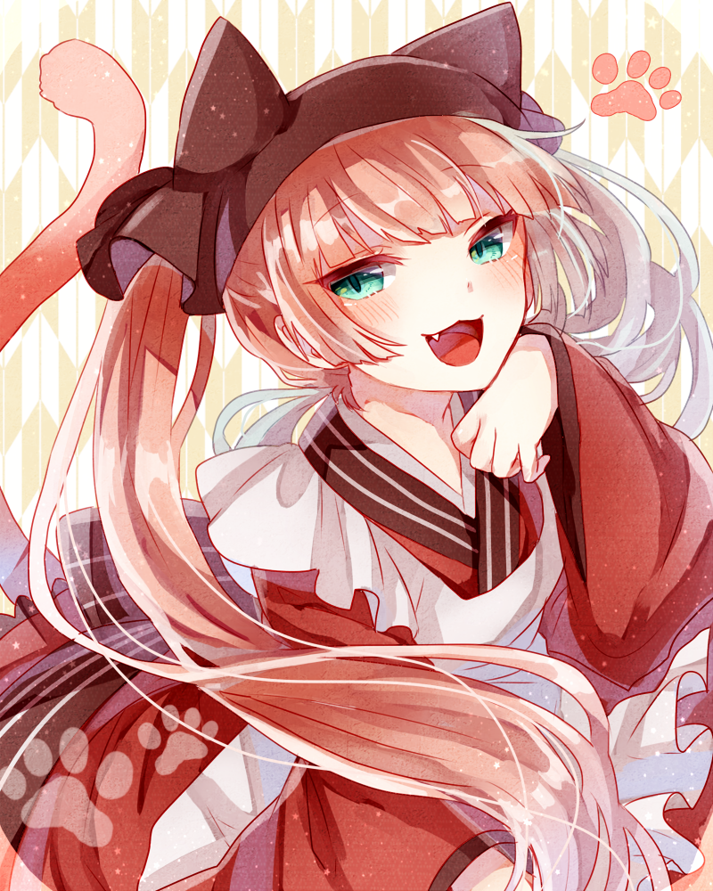 1girl, animal_ears, apron, cat_ears, cat_tail, fang, green_eyes, gugure!_kokkuri-san