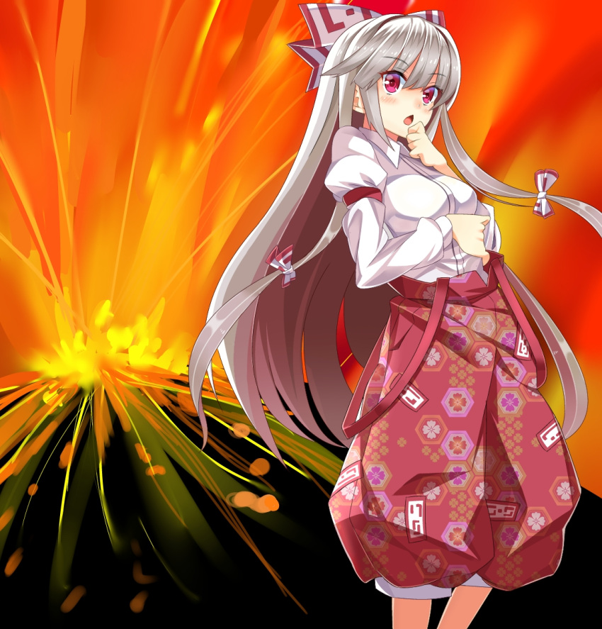 1girl, ashu, bow, breasts, chestnut_mouth, fujiwara_no_mokou, hair_bow, hair_ribbon