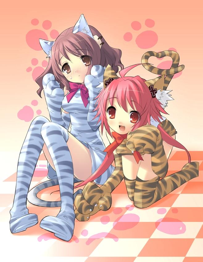 ahoge, bow, brown_eyes, brown_hair, catgirl, dress, fang, gloves
