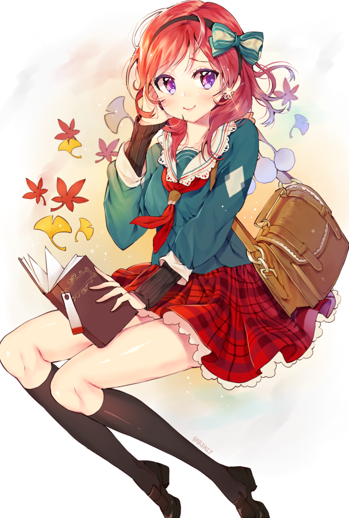 1girl, artist_name, autumn_leaves, bag, blush, book, bookmark, bow, earrings, ginkgo_leaf, hair_bow, hair_tucking, hairband, holding, holding_book, jewelry, kneehighs, leaf, leaf_background, long_hair, long_sleeves, looking_at_viewer, love_live!_school_idol_project, maple_leaf, neckerchief, nishikino_maki, open_book, parfait_(ryunghu), plaid, plaid_skirt, redhead, sitting, skirt, smile, solo, violet_eyes