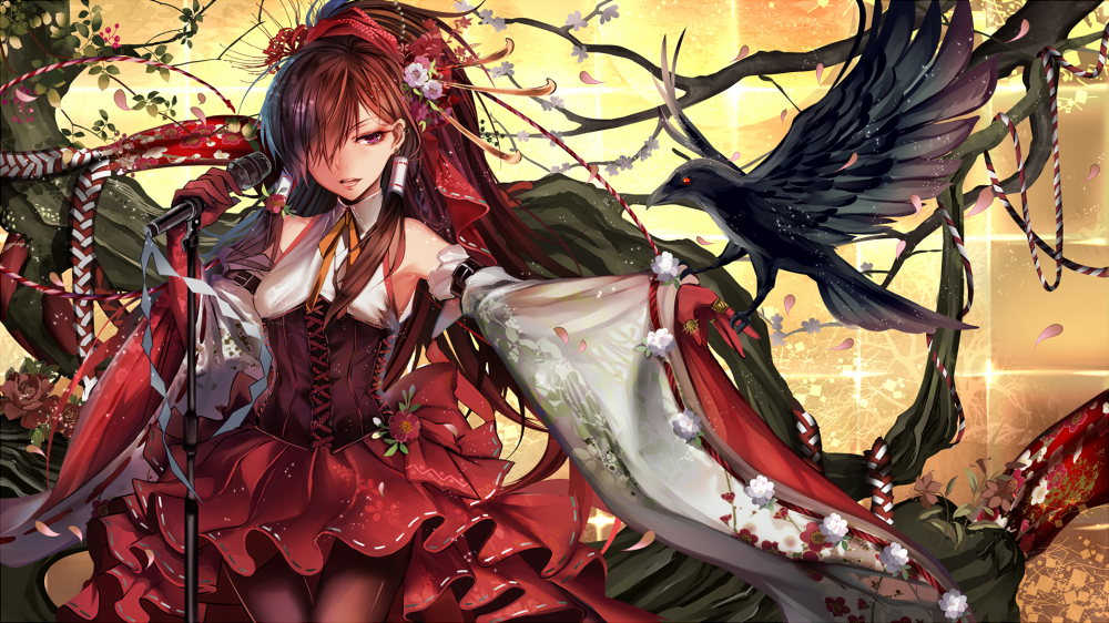 1girl, alternate_costume, alternate_hairstyle, bird, bow, brown_hair, detached_sleeves, gloves