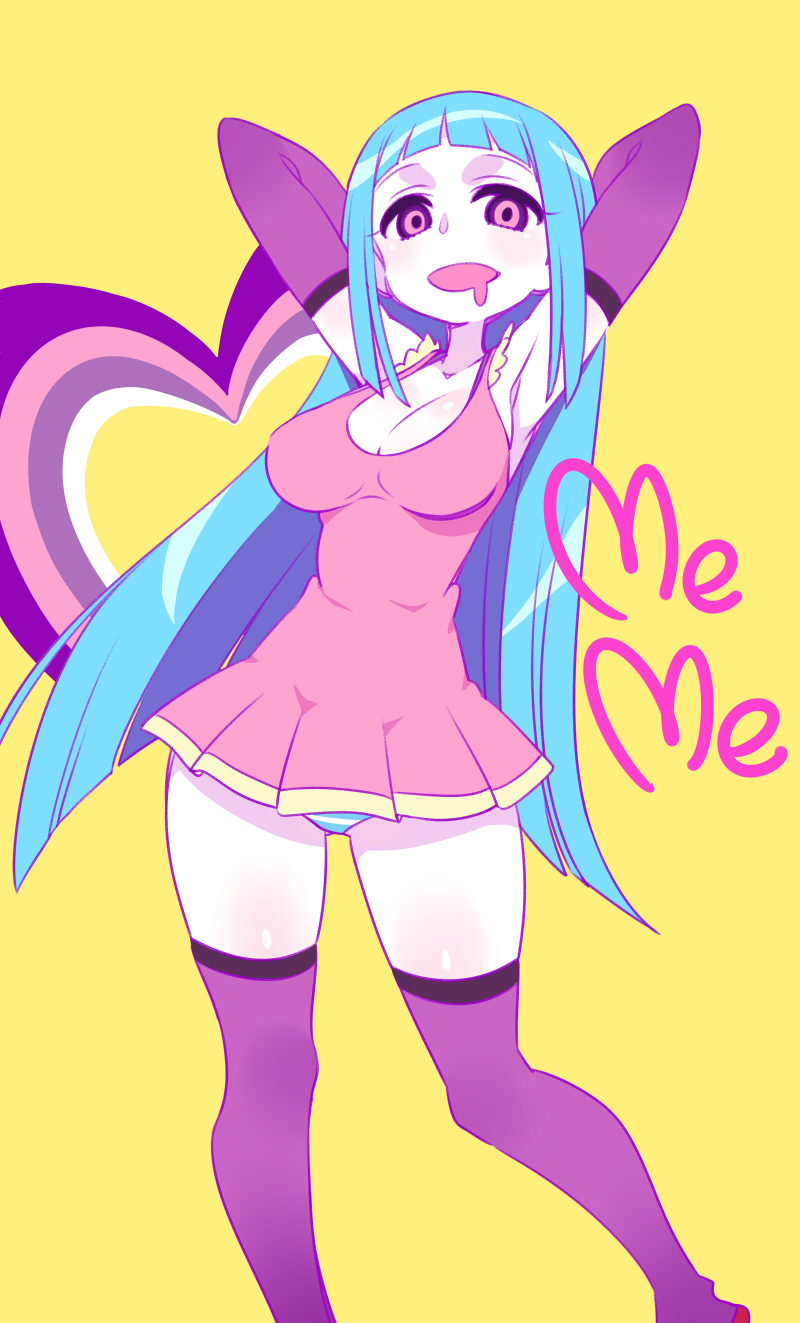 1girl, armpits, arms_up, blue_hair, breasts, chan_co, cleavage, drooling