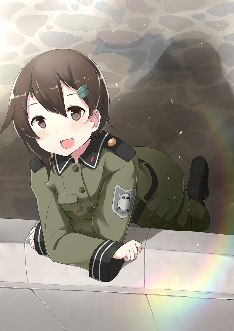 1girl, blush, brown_eyes, brown_hair, epaulettes, from_above, hair_ornament, hairclip