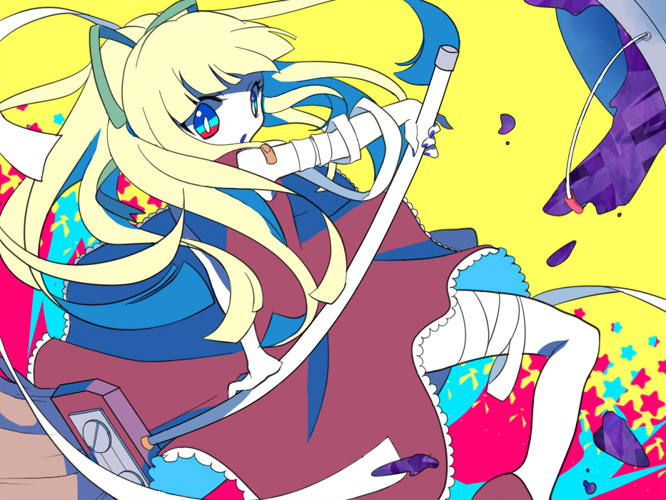 1girl, bandages, bandaid, blonde_hair, blue_eyes, broom, bucket, dress