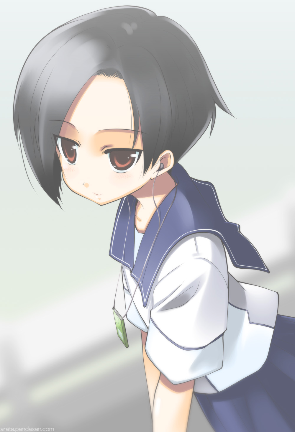 black_ahir, black_hair, bob_cut, brown_eyes, digital_media_player, earphones, highres, kobayakawa_rinko, love_plus, mp3_player, school_uniform, serafuku, short_hair