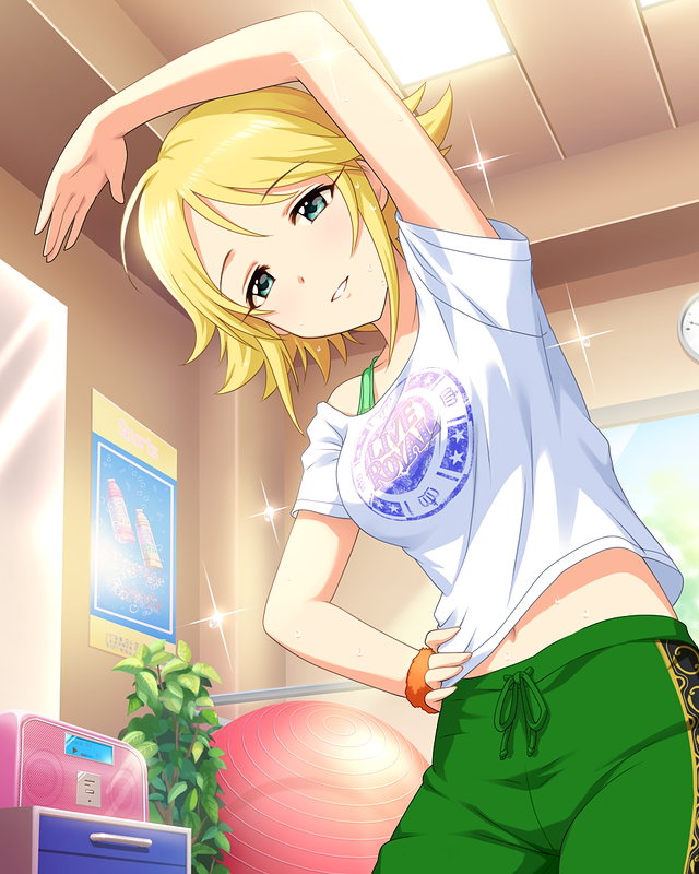 1girl, exercise, idolmaster, idolmaster_cinderella_girls, navel, off_shoulder, solo, sweatband, t-shirt, umeki_otoha