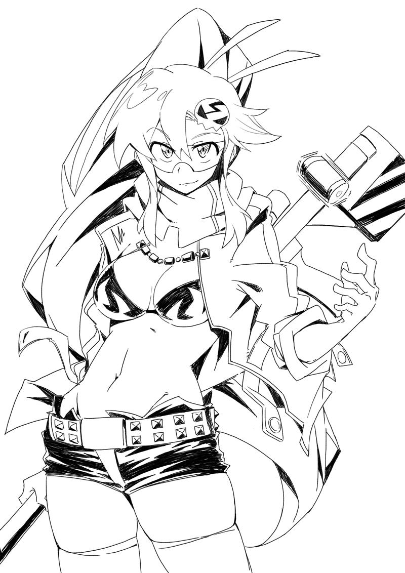 1girl, bikini_top, glasses, gun, jacket, midriff, monochrome, rifle