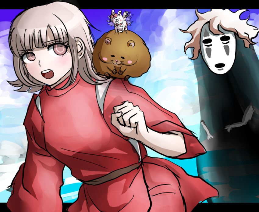 1boy, 1girl, cham-p, dangan_ronpa, kaonashi, kaonashi_(cosplay), komaeda_nagito, monomi_(dangan_ronpa)