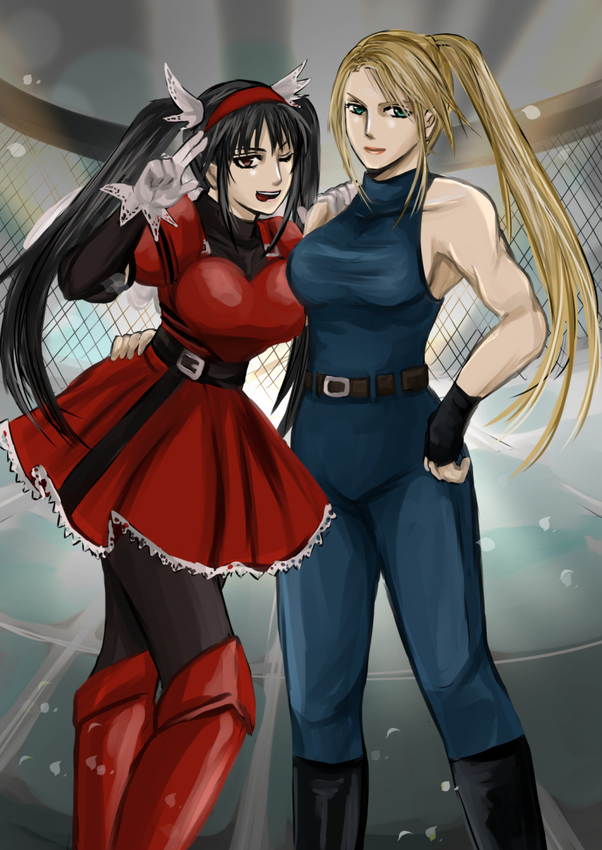 2girls, ;), arm_around_waist, belt, black_hair, black_legwear, blonde_hair, bodysuit