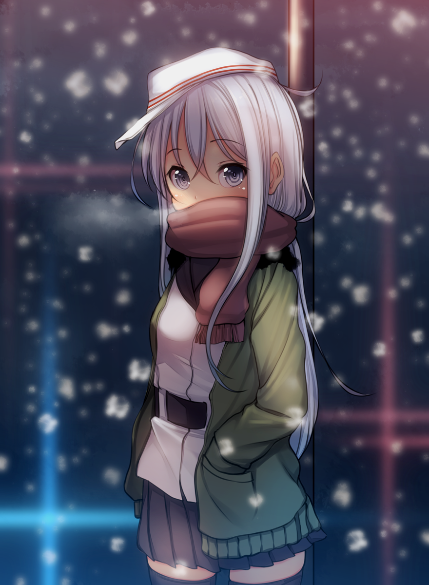 1girl, blurry, blush, breath, cowboy_shot, depth_of_field, grey_eyes, hands_in_pockets