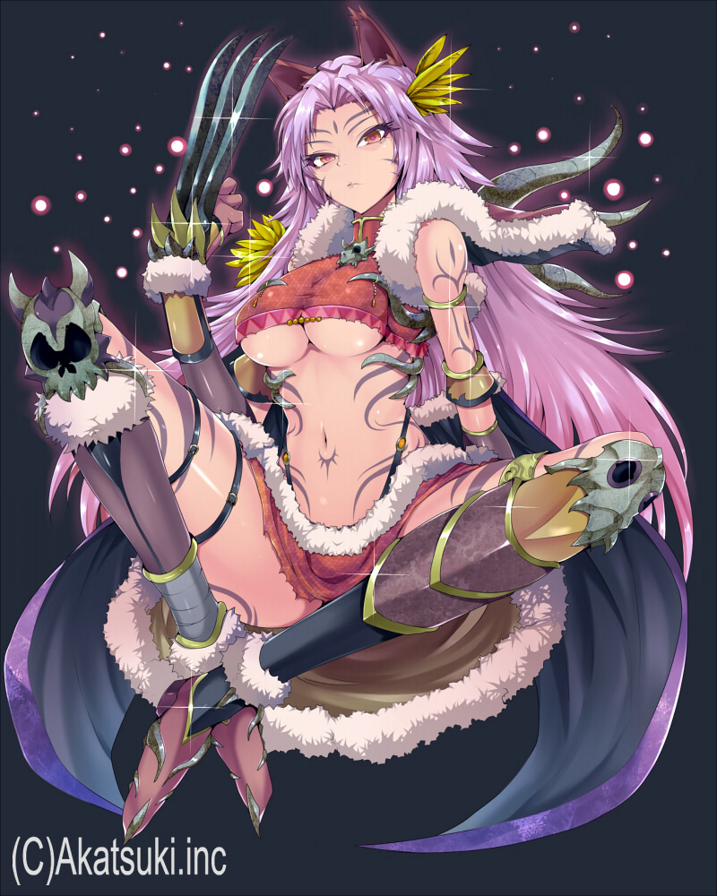 1girl, animal_ears, breasts, capelet, claw_(weapon), fur_trim, gradient_hair, halterneck