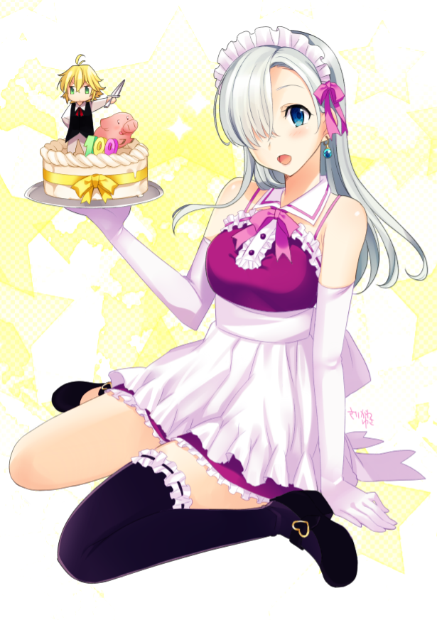 1boy, 1girl, alternate_costume, arm_support, bare_shoulders, black_legwear, blue_eyes, blush, cake, earrings, elbow_gloves, elizabeth_liones, enmaided, food, gloves, hair_over_one_eye, hawk_(nanatsu_no_taizai), jewelry, long_hair, maid, maid_headdress, meliodas, miniboy, nanatsu_no_taizai, silver_hair, single_thighhigh, sitting, skirt, solo, thigh-highs, udk, wariza, white_gloves