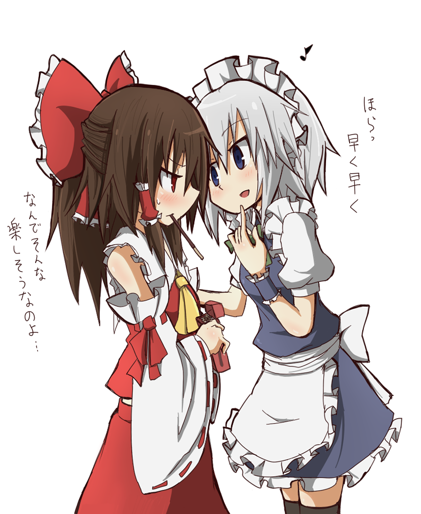2girls, apron, ascot, black_legwear, blue_dress, blue_eyes, blush, bow