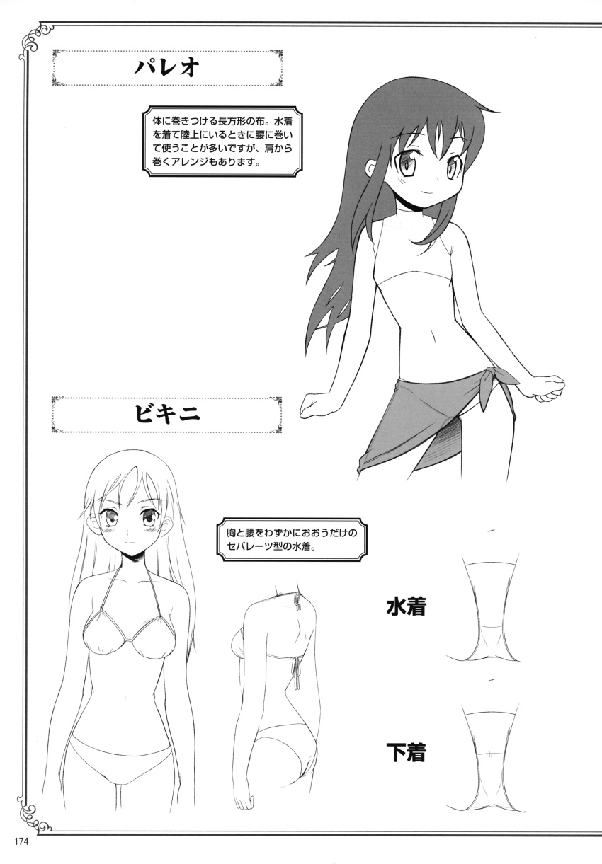 bikini, kobanya_koban, monochrome, multiple_views, reference, sarong, tagme
