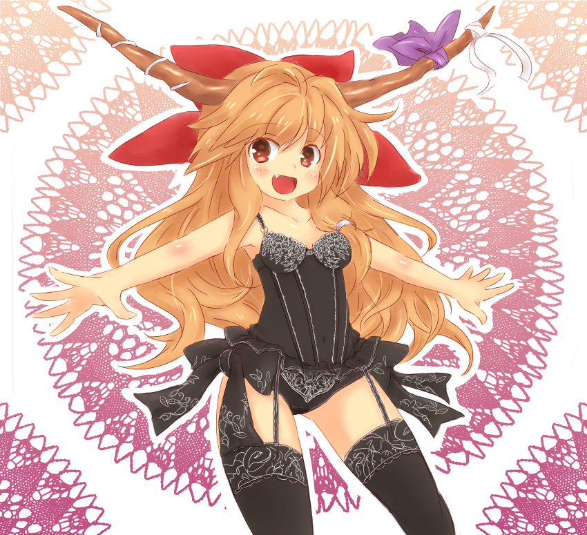 bad_id, blonde_hair, bra, fang, garter_belt, highres, horns, ibuki_suika