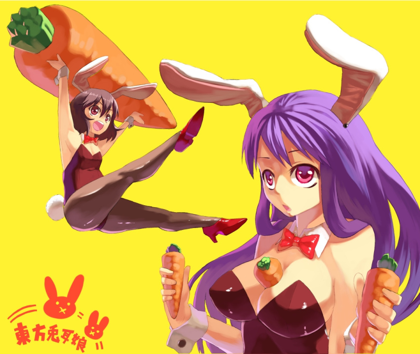 ass, bad_id, between_breasts, bowtie, brown_hair, bunny_ears, bunny_tail, bunnysuit
