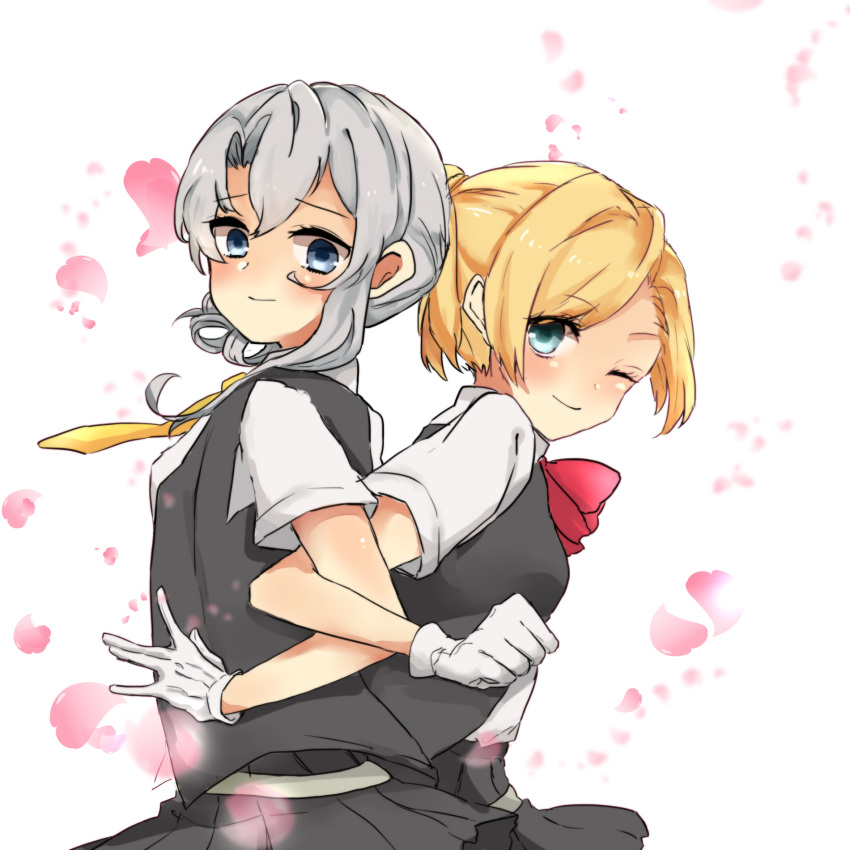 2girls, asymmetrical_hair, back-to-back, blonde_hair, blue_eyes, blush, bowtie, bust