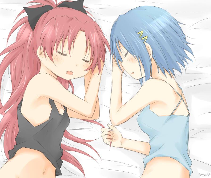 2girls, bed, blue_hair, hair_ornament, hair_ribbon, isora, long_hair, mahou_shoujo_madoka_magica