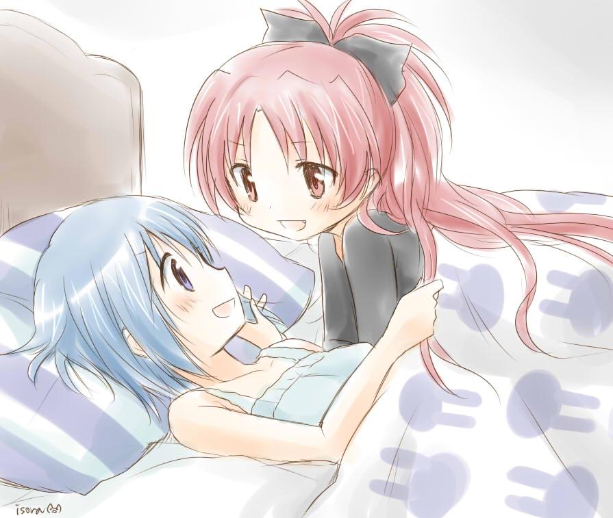 2girls, bed, blue_eyes, blue_hair, isora, long_hair, mahou_shoujo_madoka_magica, miki_sayaka