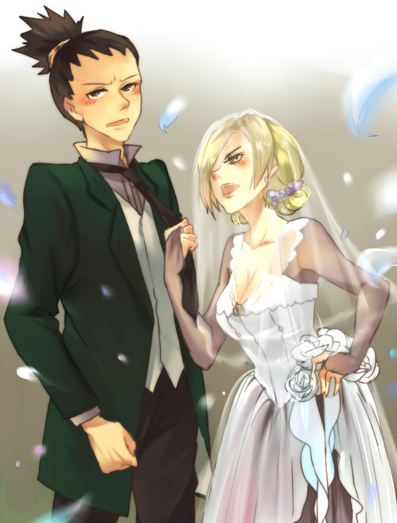 1boy, 1girl, black_hair, blonde_hair, bridal_veil, bride, couple, dress