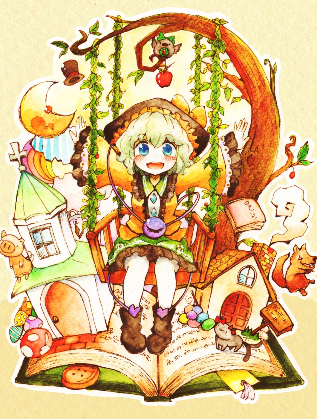 1girl, alarm_clock, apple, blue_eyes, book, bow, clock, colored_pencil_(medium)