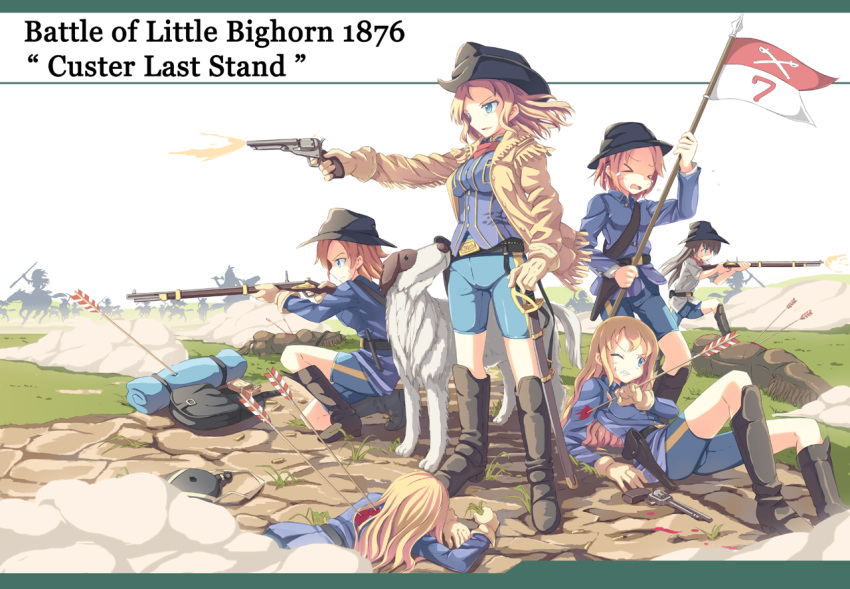 >_<, 6+girls, arrow, black_hair, blonde_hair, blood, blue_eyes, boots