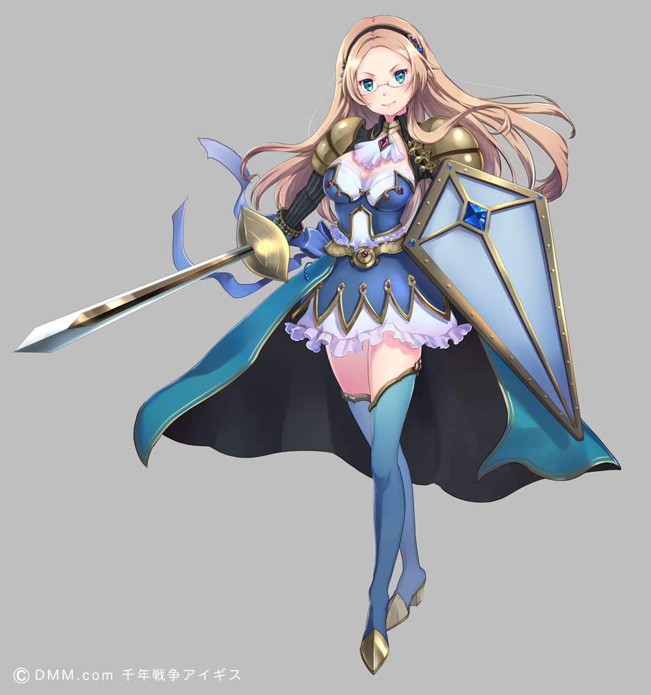 1girl, blue_eyes, blush, boots, breasts, glasses, hairband, kagosayu