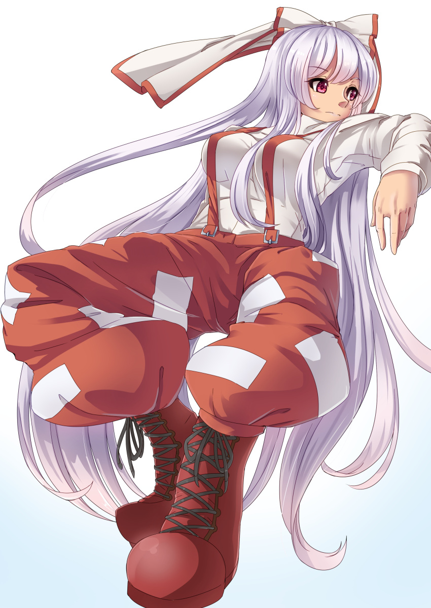 1girl, absurdres, baggy_pants, boots, bow, breasts, cross-laced_footwear, fujiwara_no_mokou