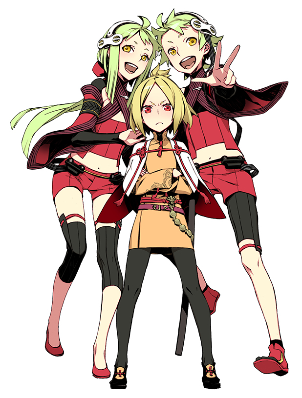1boy, 2girls, 7th_dragon_2020-ii, :d, blonde_hair, crossed_arms, emel_(7th_dragon), green_hair, hairband, long_hair, looking_at_viewer, midriff, miwa_shirou, multiple_girls, navel, navigator_(7th_dragon), open_mouth, red_eyes, short_hair, shorts, smile, standing, v, white_background, yellow_eyes