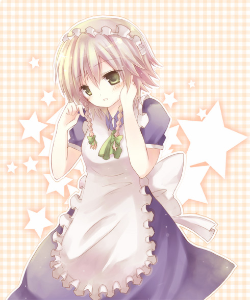 green_eyes, hairband, izayoi_sakuya, maid, short_hair, silver_hair, touhou, twin_braids