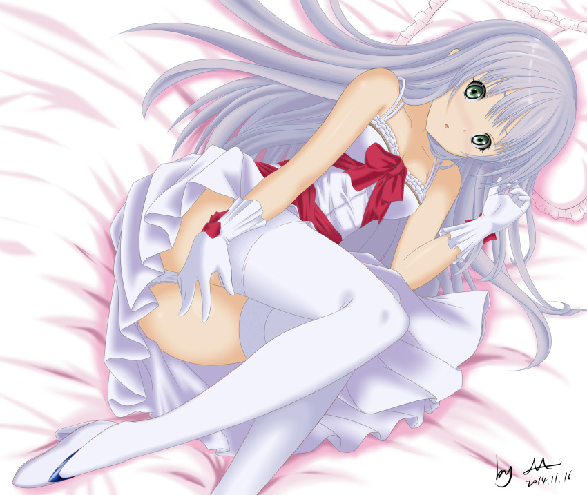 1girl, absurdres, alternate_costume, alternate_hair_color, aoki_hagane_no_arpeggio, bed_sheet, blush, collarbone