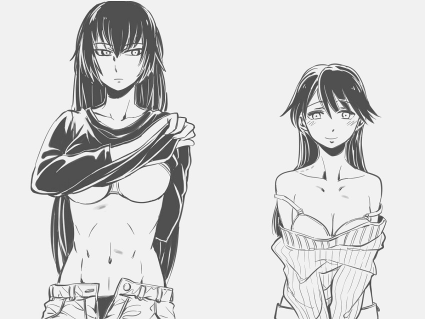 2girls, abs, bai_lao_shu, bite_mark, bra, houshou_(kantai_collection), kantai_collection, long_hair, monochrome, multiple_girls, nagato_(kantai_collection), open_clothes, underwear, undressing