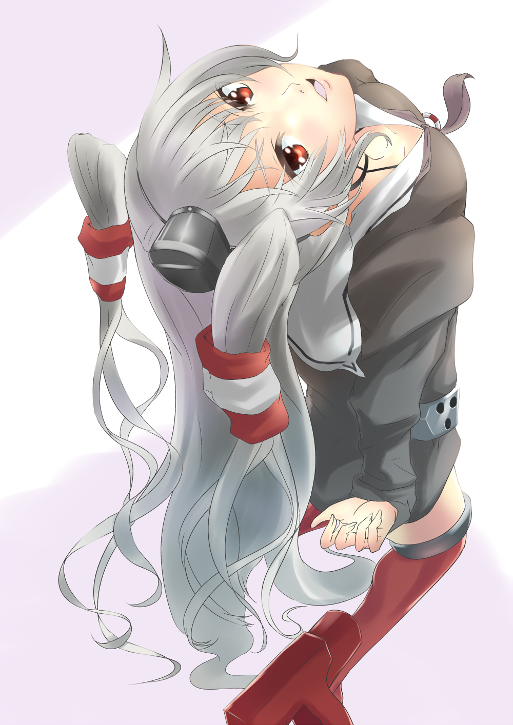 1girl, amatsukaze_(kantai_collection), endouvocalotyu, from_behind, hair_tubes, highres, kantai_collection, kneeling, leaning_back, long_hair, long_sleeves, looking_at_viewer, looking_up, open_mouth, silver_hair, solo, thigh-highs, two_side_up, very_long_hair