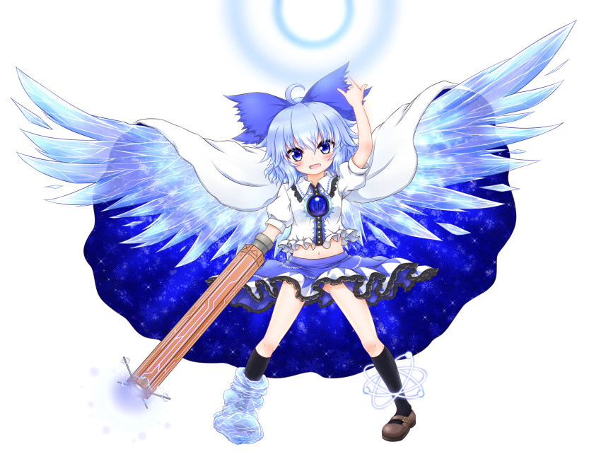 1girl, :d, \m/, adapted_costume, arm_cannon, blue_eyes, blue_hair, bow