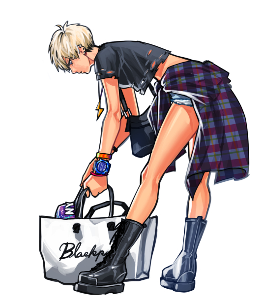 1girl, bag, bent_over, boots, character_request, clothes_around_waist, crop_top, dark_skin