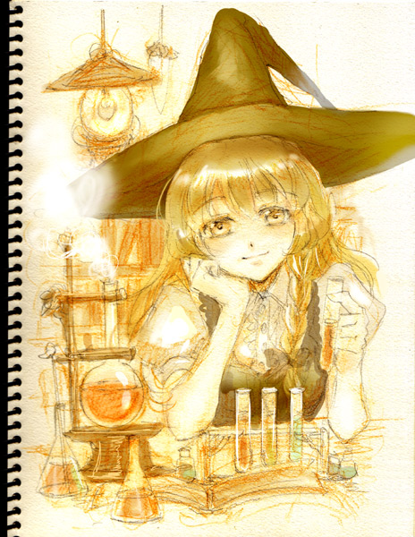 1girl, blonde_hair, boiling, book, bookshelf, braid, chemicals, chemistry