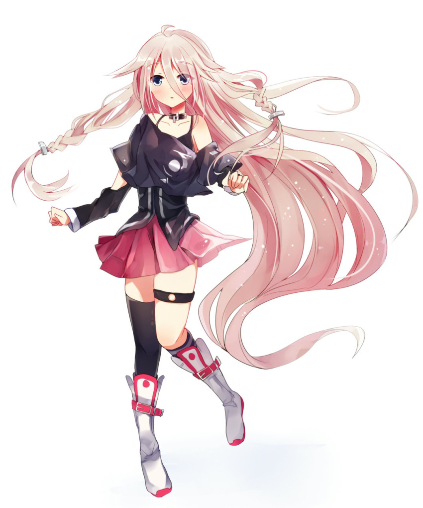 1girl, absurdly_long_hair, ahoge, asymmetrical_legwear, black_legwear, black_shirt, blonde_hair, blue_eyes, blush, boots, braid, choker, highres, ia_(vocaloid), kneehighs, kurumi_(69a4y), long_hair, looking_away, miniskirt, off_shoulder, pink_skirt, single_kneehigh, single_thighhigh, skirt, solo, thigh-highs, thigh_strap, twin_braids, very_long_hair, vocaloid, white_background, white_boots