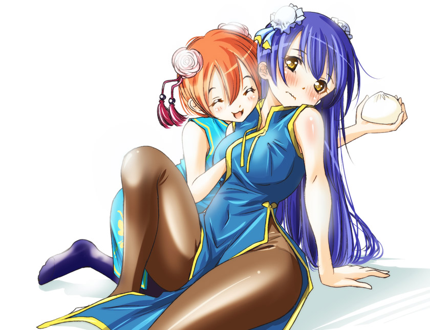 2girls, arm_support, blue_hair, blush, brown_legwear, bun_cover, china_dress, chinese_clothes, closed_eyes, double_bun, food, hand_in_shirt, hoshizora_rin, love_live!_school_idol_project, multiple_girls, nikuman, orange_hair, pantyhose, sitting, sogabe_toshinori, sonoda_umi, wavy_mouth, white_background, yellow_eyes
