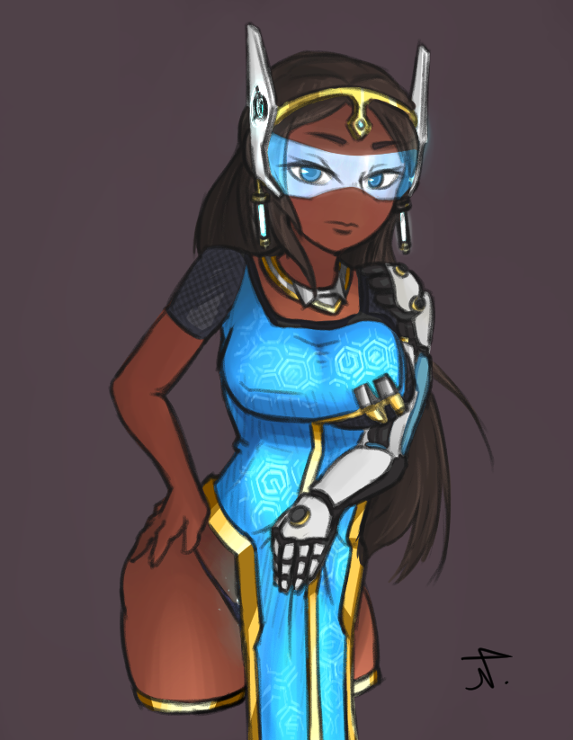 1girl, black_hair, blue_dress, blue_eyes, breasts, brown_background, cropped_legs, dark_skin