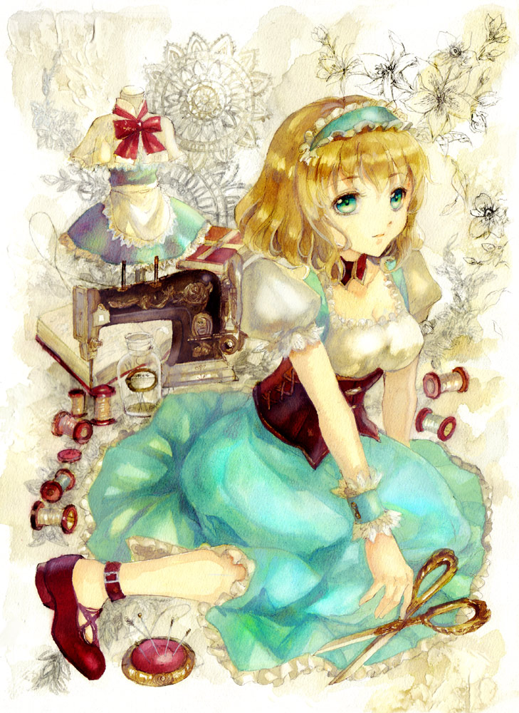 1girl, alice_margatroid, alice_margatroid_(pc-98), ankleband, apron, blonde_hair, blue_dress, blue_eyes