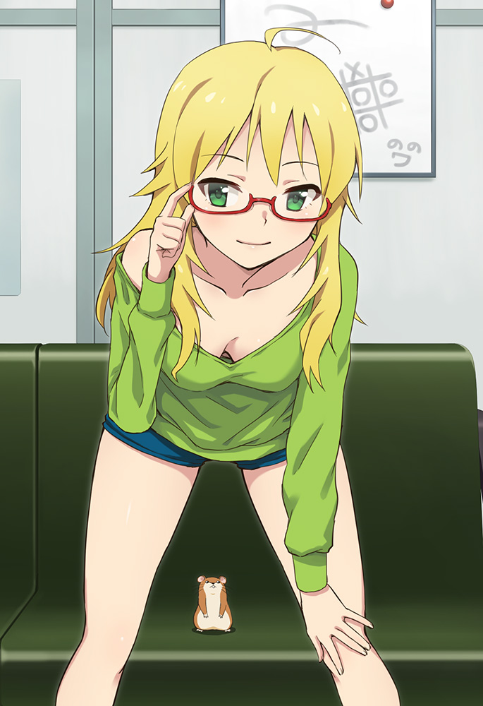 1girl, ahoge, bespectacled, blonde_hair, blush, breasts, collarbone, couch