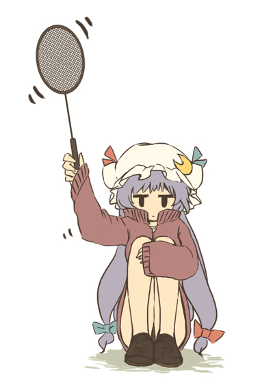 badminton, badminton_racket, bow, chibi, hair_bow, hat, kadotarou, long_hair