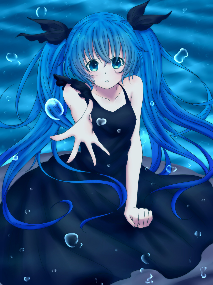 1girl, aqua_eyes, aqua_hair, bangs, bare_arms, black_dress, blue_eyes, blue_hair
